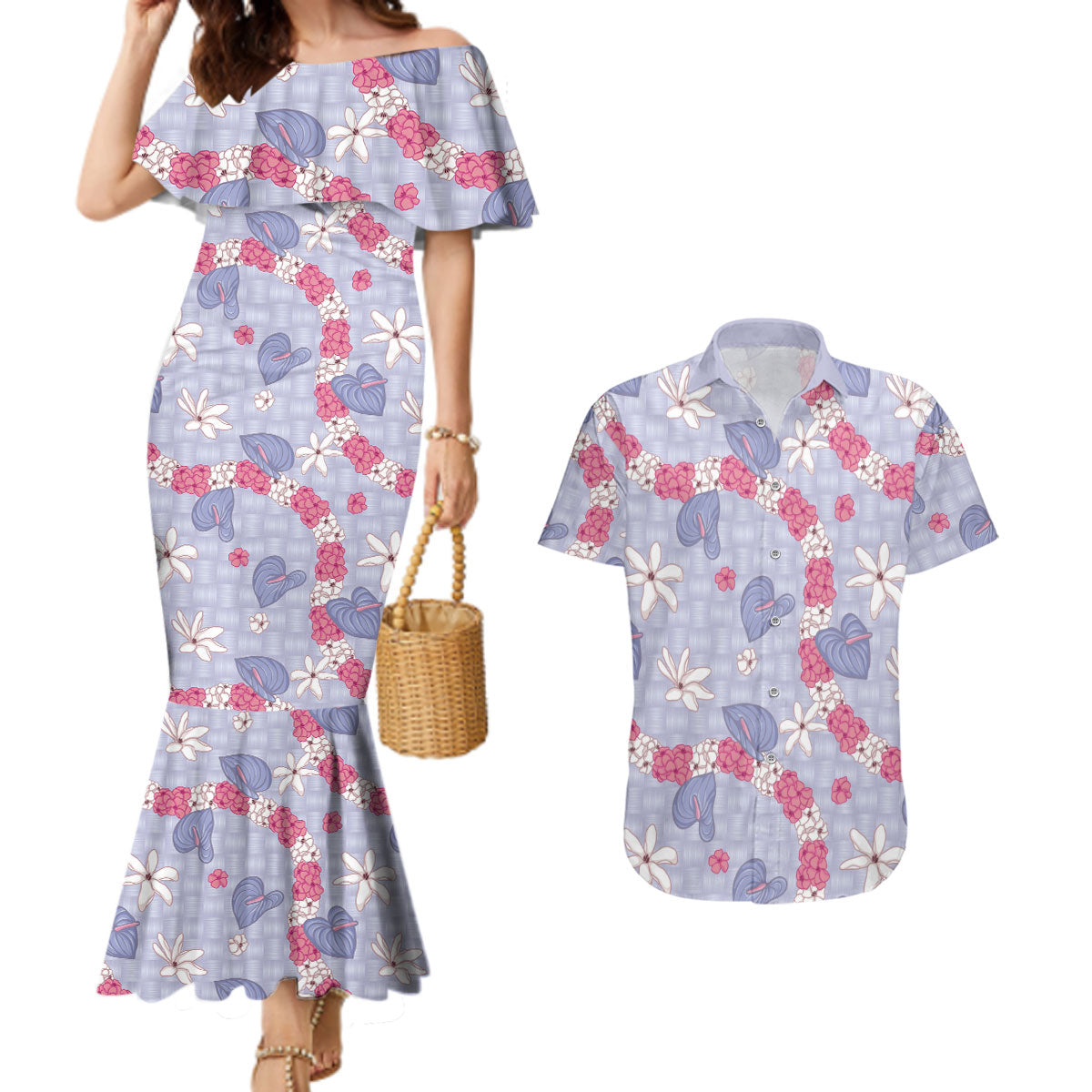 Hawaii Anthurium Tiare Pikake Lei Couples Matching Mermaid Dress and Hawaiian Shirt Poni Lauhala Art Pattern LT01 Purple - Polynesian Pride