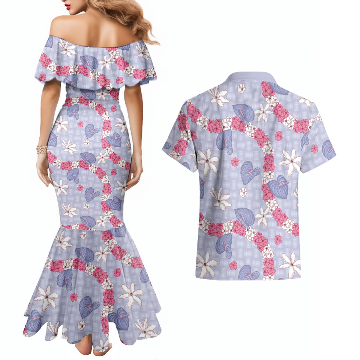 Hawaii Anthurium Tiare Pikake Lei Couples Matching Mermaid Dress and Hawaiian Shirt Poni Lauhala Art Pattern LT01 - Polynesian Pride