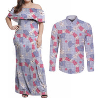 Hawaii Anthurium Tiare Pikake Lei Couples Matching Off Shoulder Maxi Dress and Long Sleeve Button Shirt Poni Lauhala Art Pattern