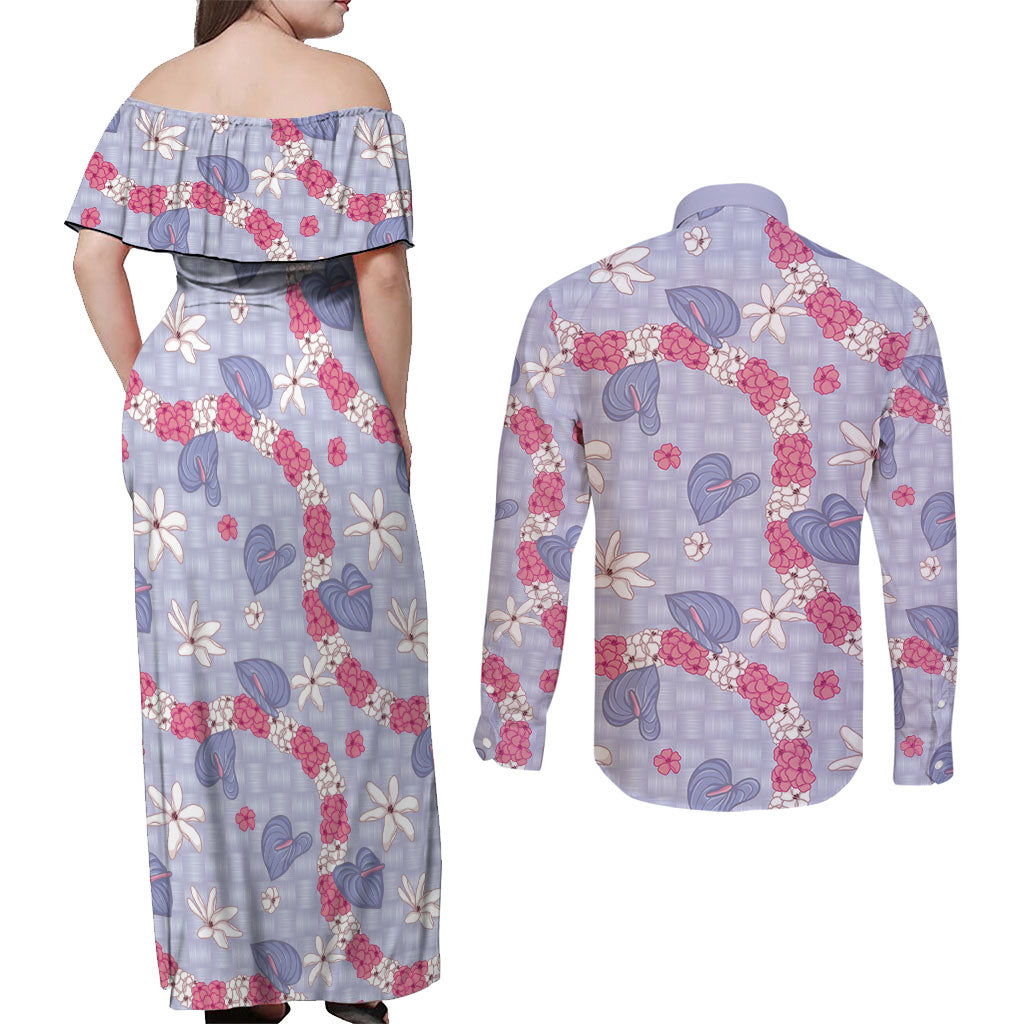 Hawaii Anthurium Tiare Pikake Lei Couples Matching Off Shoulder Maxi Dress and Long Sleeve Button Shirt Poni Lauhala Art Pattern