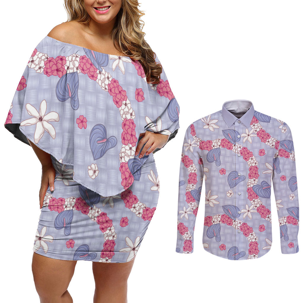 Hawaii Anthurium Tiare Pikake Lei Couples Matching Off Shoulder Short Dress and Long Sleeve Button Shirt Poni Lauhala Art Pattern