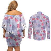 Hawaii Anthurium Tiare Pikake Lei Couples Matching Off Shoulder Short Dress and Long Sleeve Button Shirt Poni Lauhala Art Pattern LT01 - Polynesian Pride