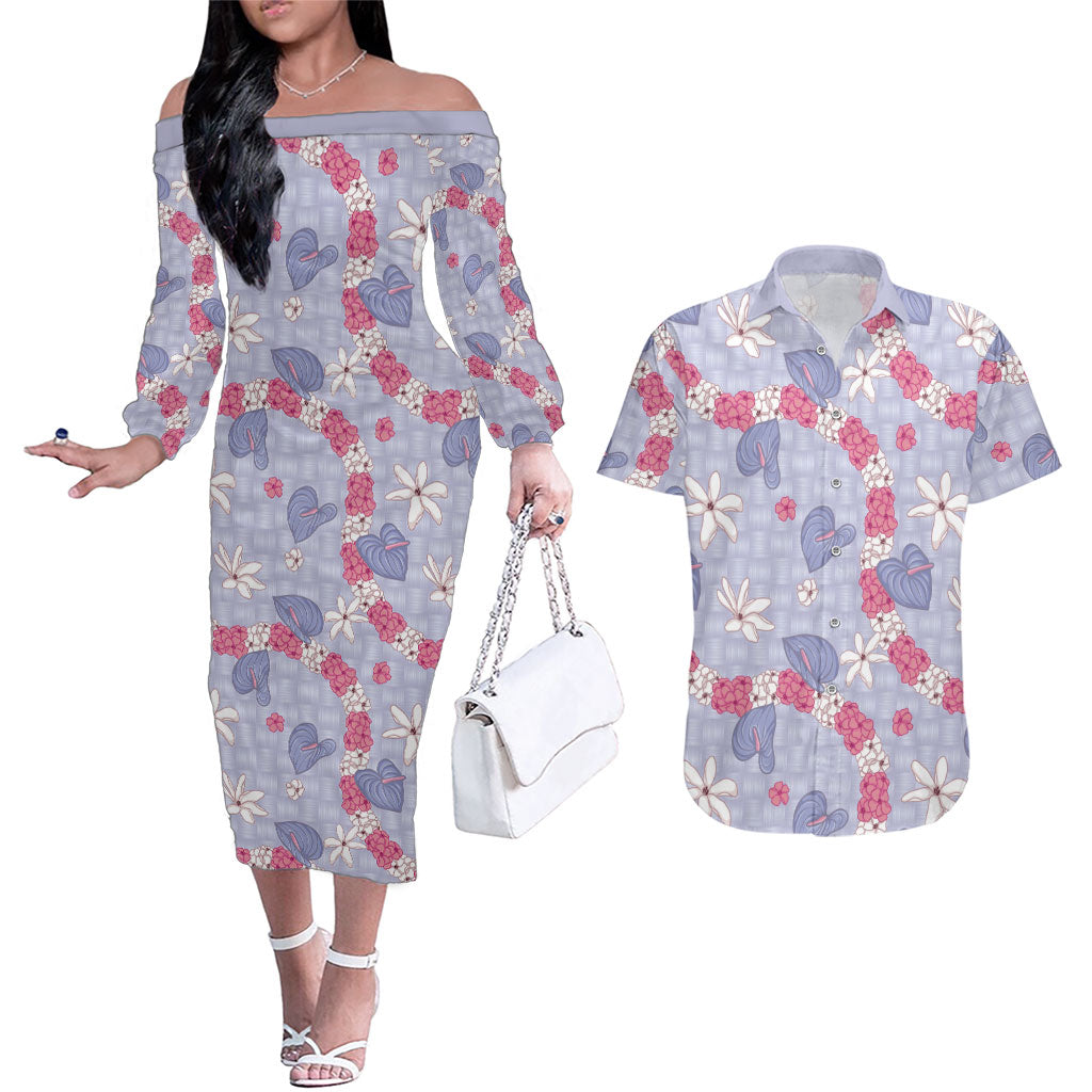 Hawaii Anthurium Tiare Pikake Lei Couples Matching Off The Shoulder Long Sleeve Dress and Hawaiian Shirt Poni Lauhala Art Pattern LT01 Purple - Polynesian Pride