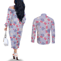 Hawaii Anthurium Tiare Pikake Lei Couples Matching Off The Shoulder Long Sleeve Dress and Long Sleeve Button Shirt Poni Lauhala Art Pattern