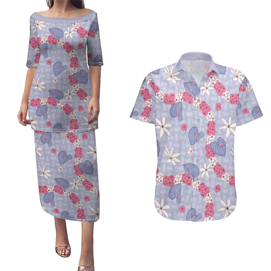 Hawaii Anthurium Tiare Pikake Lei Couples Matching Puletasi and Hawaiian Shirt Poni Lauhala Art Pattern