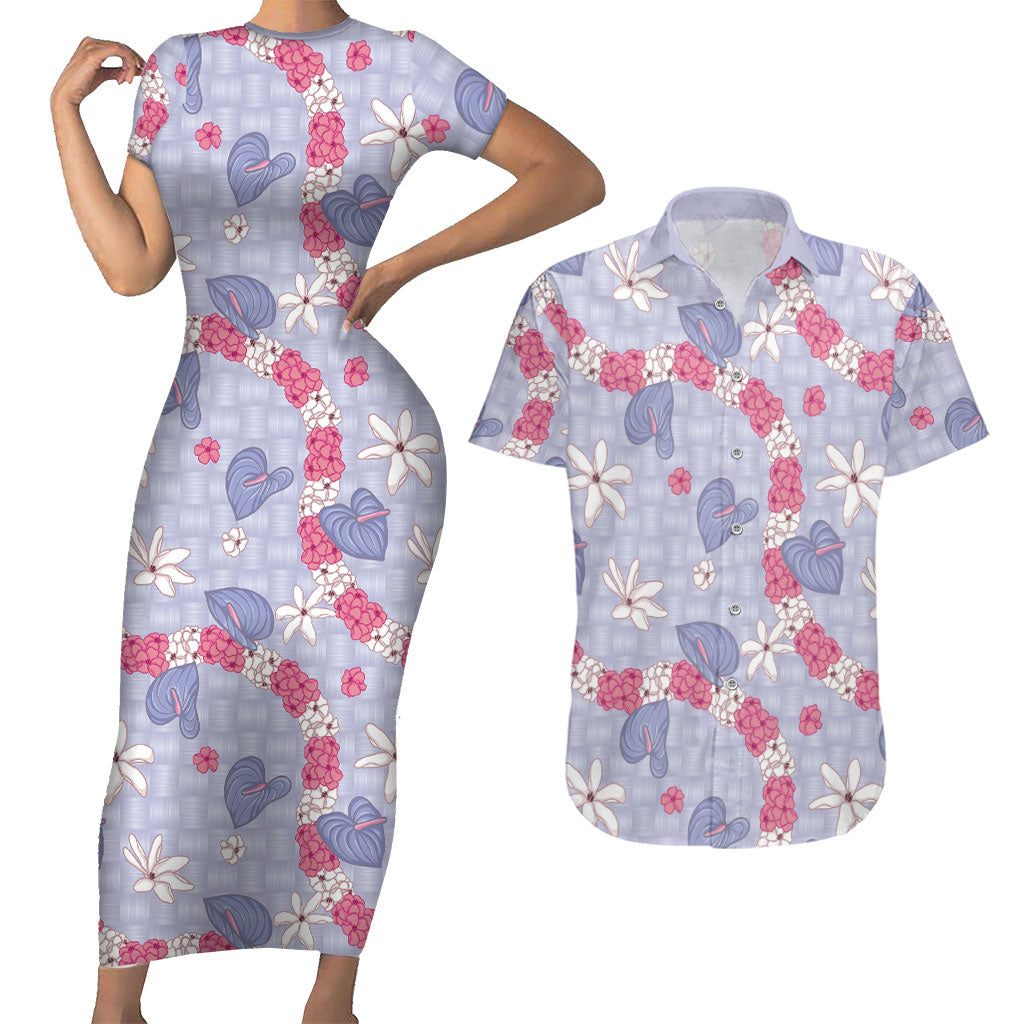 Hawaii Anthurium Tiare Pikake Lei Couples Matching Short Sleeve Bodycon Dress and Hawaiian Shirt Poni Lauhala Art Pattern