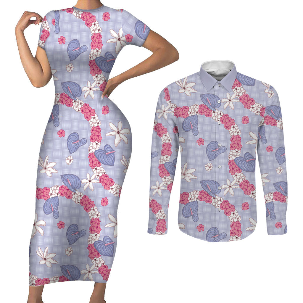 Hawaii Anthurium Tiare Pikake Lei Couples Matching Short Sleeve Bodycon Dress and Long Sleeve Button Shirt Poni Lauhala Art Pattern LT01 Purple - Polynesian Pride
