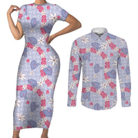 Hawaii Anthurium Tiare Pikake Lei Couples Matching Short Sleeve Bodycon Dress and Long Sleeve Button Shirt Poni Lauhala Art Pattern LT01 Purple - Polynesian Pride