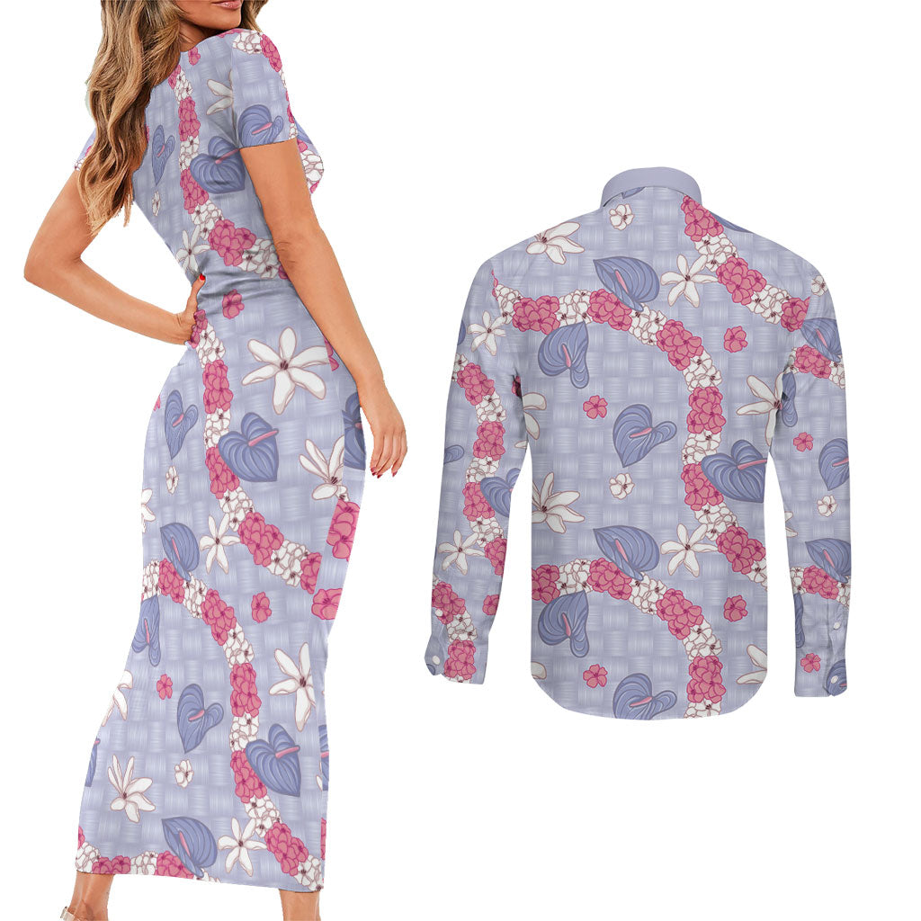 Hawaii Anthurium Tiare Pikake Lei Couples Matching Short Sleeve Bodycon Dress and Long Sleeve Button Shirt Poni Lauhala Art Pattern LT01 - Polynesian Pride