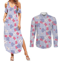 Hawaii Anthurium Tiare Pikake Lei Couples Matching Summer Maxi Dress and Long Sleeve Button Shirt Poni Lauhala Art Pattern LT01 Purple - Polynesian Pride