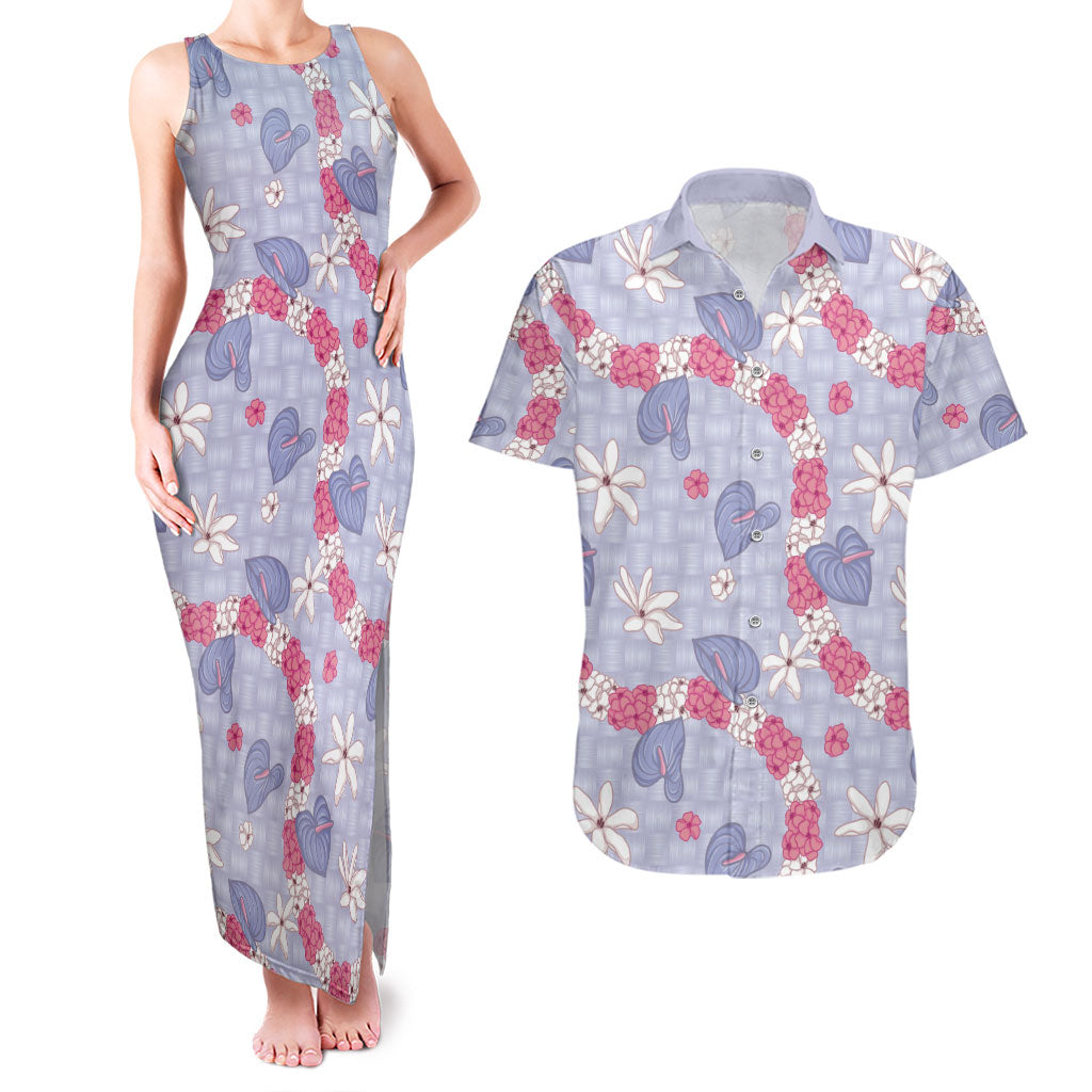 Hawaii Anthurium Tiare Pikake Lei Couples Matching Tank Maxi Dress and Hawaiian Shirt Poni Lauhala Art Pattern