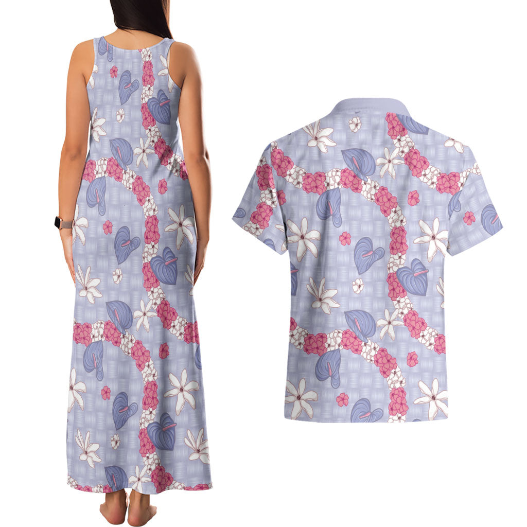 Hawaii Anthurium Tiare Pikake Lei Couples Matching Tank Maxi Dress and Hawaiian Shirt Poni Lauhala Art Pattern
