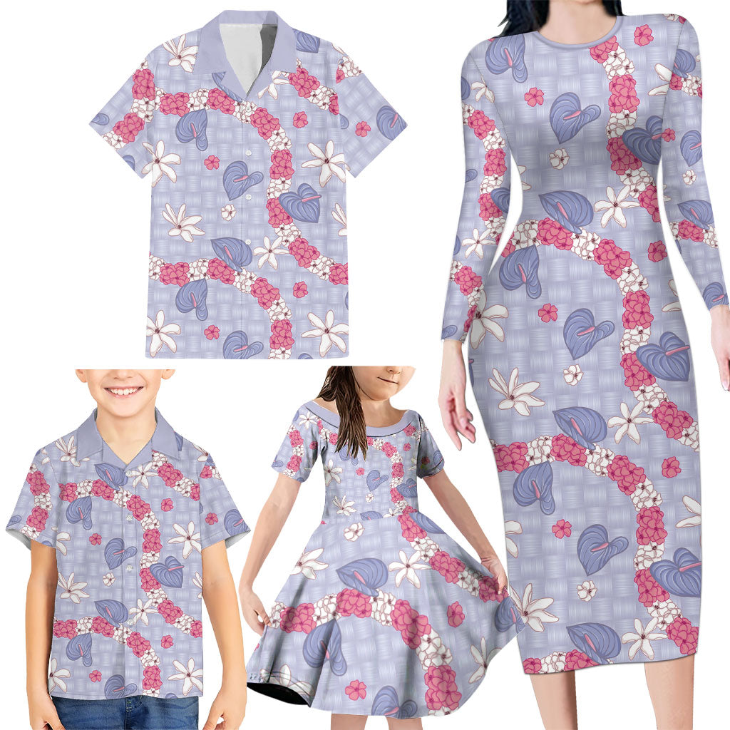 Hawaii Anthurium Tiare Pikake Lei Family Matching Long Sleeve Bodycon Dress and Hawaiian Shirt Poni Lauhala Art Pattern