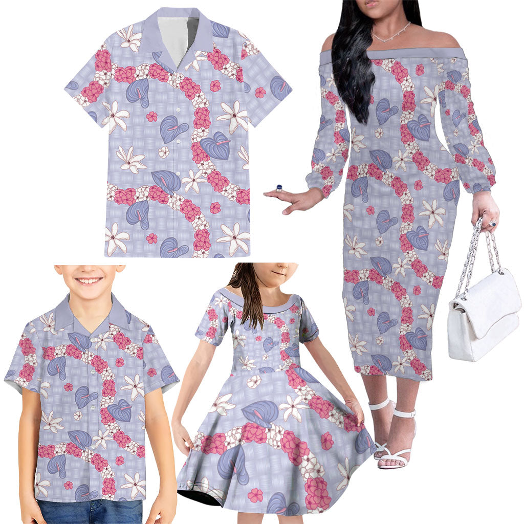 Hawaii Anthurium Tiare Pikake Lei Family Matching Off The Shoulder Long Sleeve Dress and Hawaiian Shirt Poni Lauhala Art Pattern