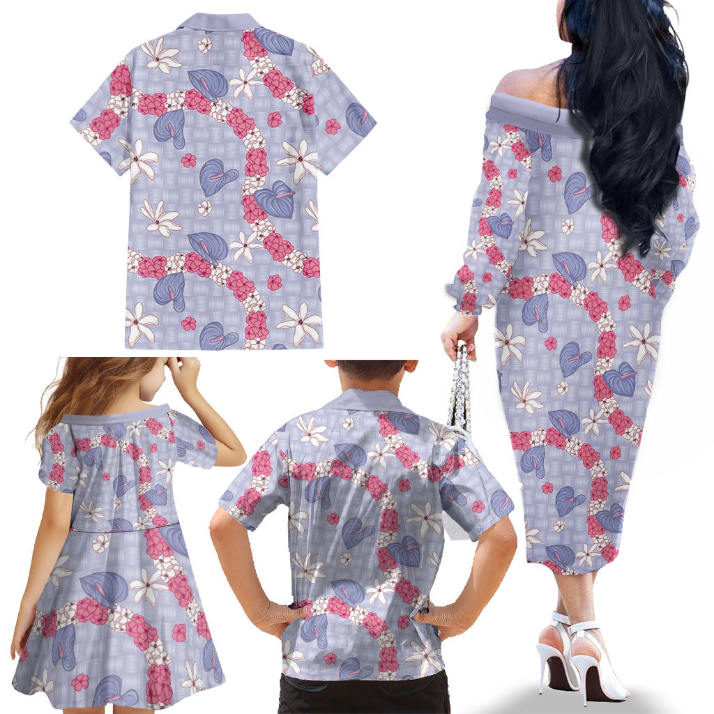 Hawaii Anthurium Tiare Pikake Lei Family Matching Off The Shoulder Long Sleeve Dress and Hawaiian Shirt Poni Lauhala Art Pattern