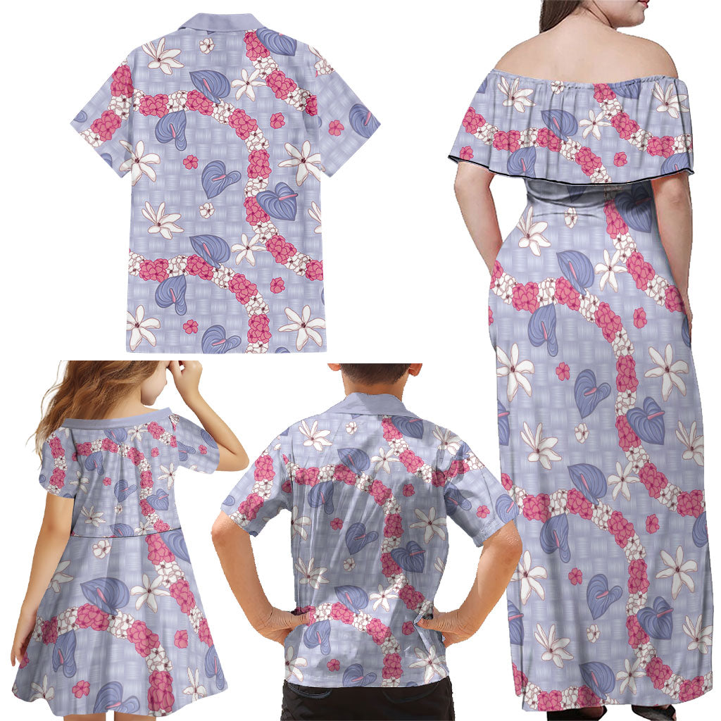 Hawaii Anthurium Tiare Pikake Lei Family Matching Off Shoulder Maxi Dress and Hawaiian Shirt Poni Lauhala Art Pattern