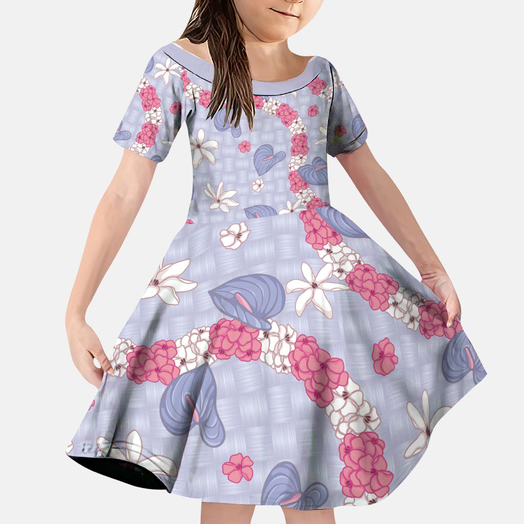 Hawaii Anthurium Tiare Pikake Lei Family Matching Short Sleeve Bodycon Dress and Hawaiian Shirt Poni Lauhala Art Pattern LT01 Daughter's Dress Purple - Polynesian Pride