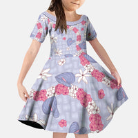 Hawaii Anthurium Tiare Pikake Lei Family Matching Short Sleeve Bodycon Dress and Hawaiian Shirt Poni Lauhala Art Pattern LT01 Daughter's Dress Purple - Polynesian Pride