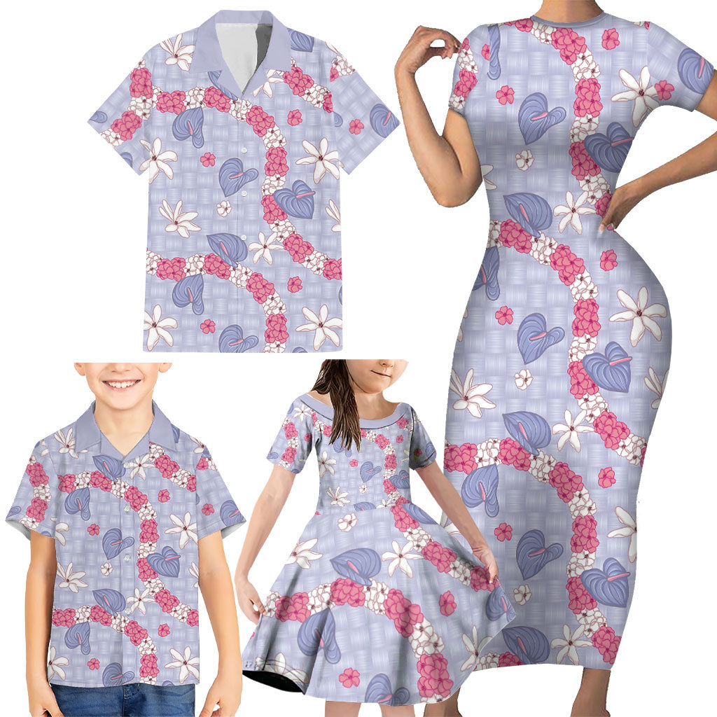 Hawaii Anthurium Tiare Pikake Lei Family Matching Short Sleeve Bodycon Dress and Hawaiian Shirt Poni Lauhala Art Pattern LT01 - Polynesian Pride