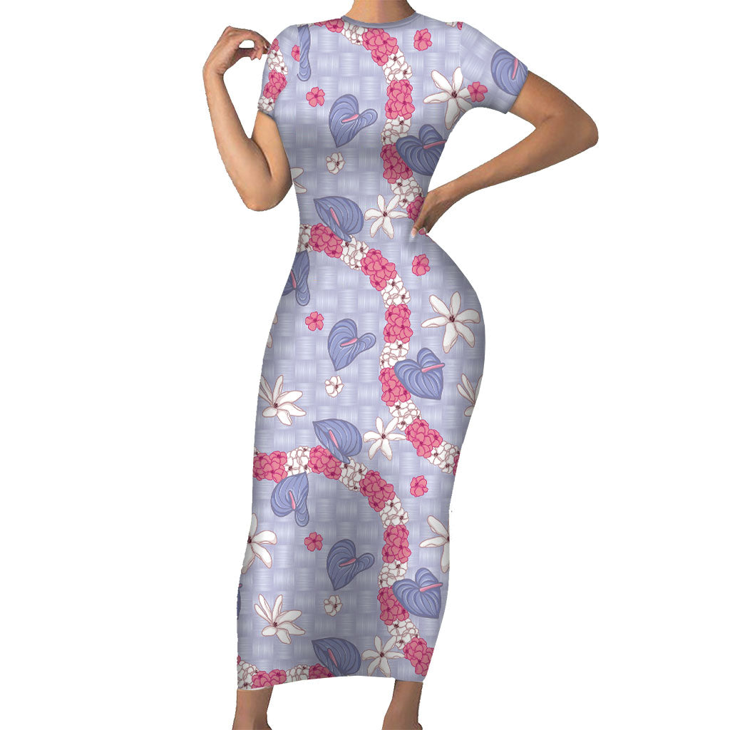 Hawaii Anthurium Tiare Pikake Lei Family Matching Short Sleeve Bodycon Dress and Hawaiian Shirt Poni Lauhala Art Pattern LT01 Mom's Dress Purple - Polynesian Pride