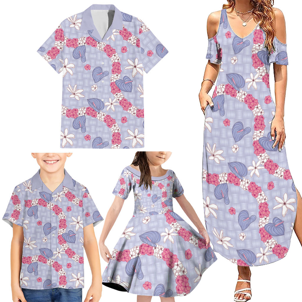 Hawaii Anthurium Tiare Pikake Lei Family Matching Summer Maxi Dress and Hawaiian Shirt Poni Lauhala Art Pattern