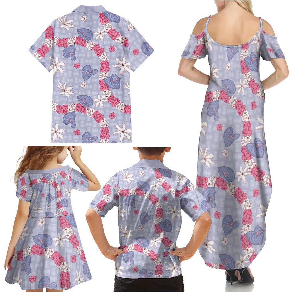 Hawaii Anthurium Tiare Pikake Lei Family Matching Summer Maxi Dress and Hawaiian Shirt Poni Lauhala Art Pattern
