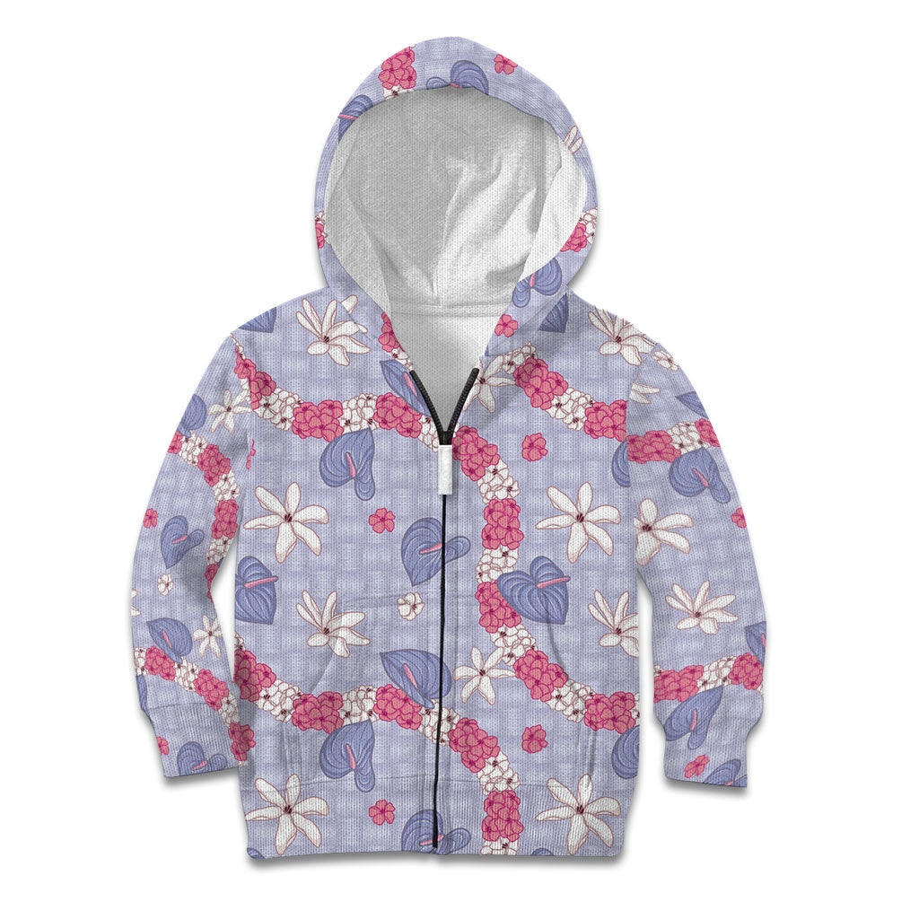 Hawaii Anthurium Tiare Pikake Lei Kid Hoodie Poni Lauhala Art Pattern LT01 Zip Hoodie Purple - Polynesian Pride