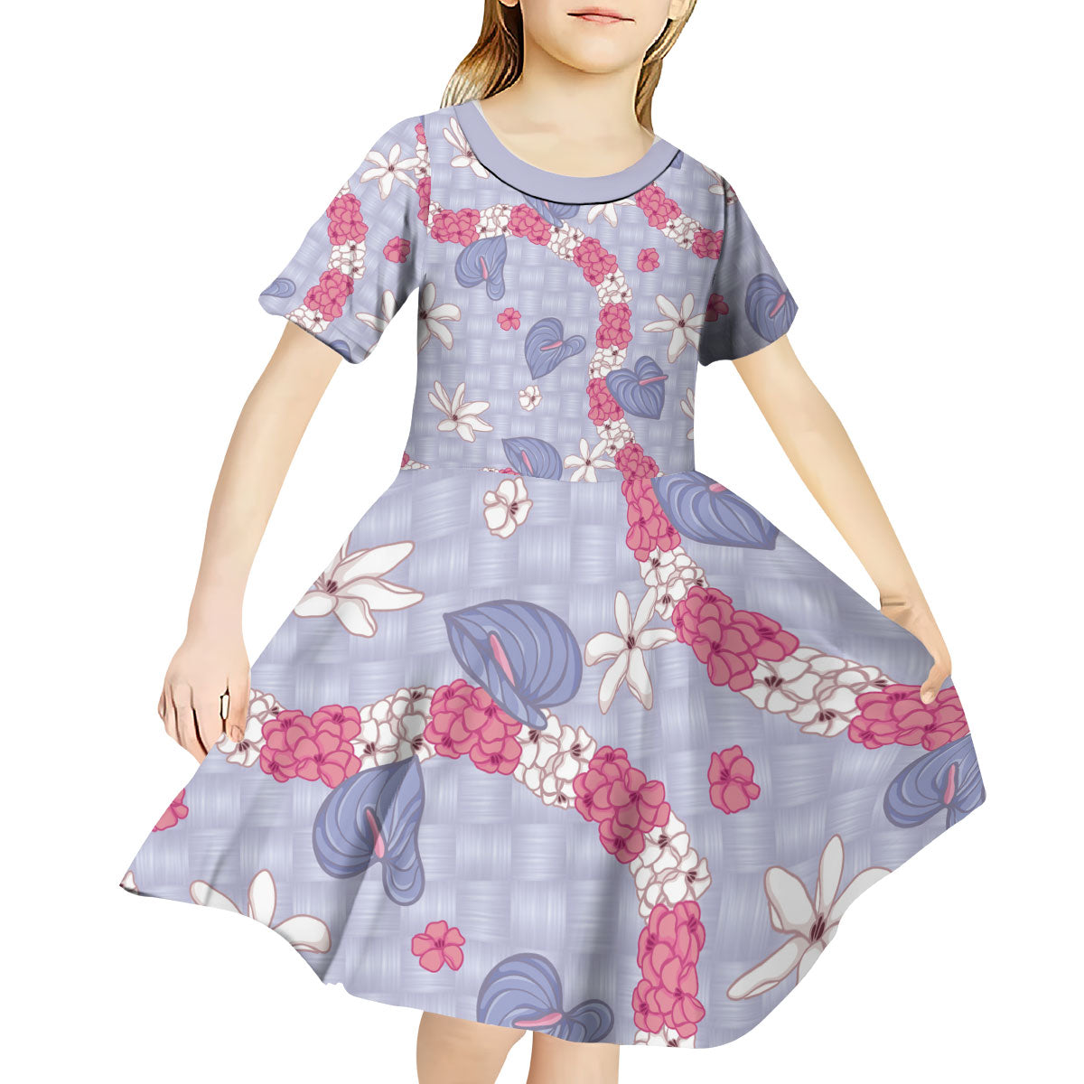Hawaii Anthurium Tiare Pikake Lei Kid Short Sleeve Dress Poni Lauhala Art Pattern