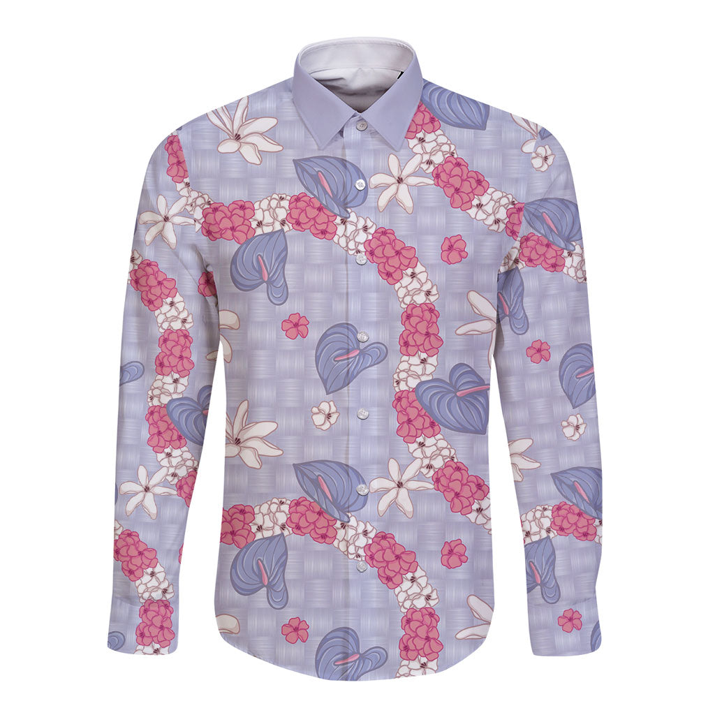 Hawaii Anthurium Tiare Pikake Lei Long Sleeve Button Shirt Poni Lauhala Art Pattern