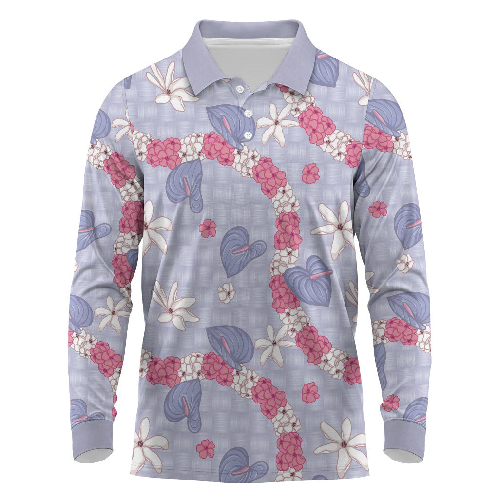 Hawaii Anthurium Tiare Pikake Lei Long Sleeve Polo Shirt Poni Lauhala Art Pattern