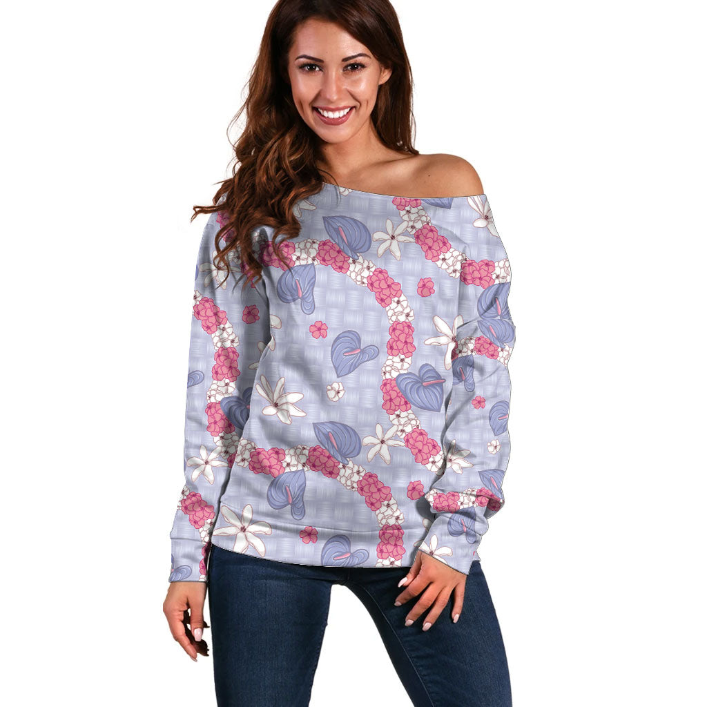 Hawaii Anthurium Tiare Pikake Lei Off Shoulder Sweater Poni Lauhala Art Pattern