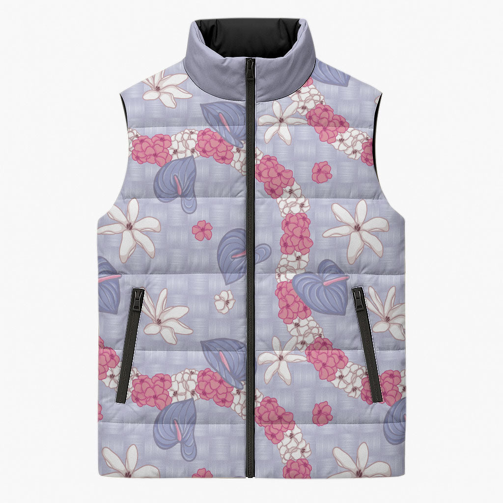 Hawaii Anthurium Tiare Pikake Lei Sleeveless Puffer Jacket Poni Lauhala Art Pattern