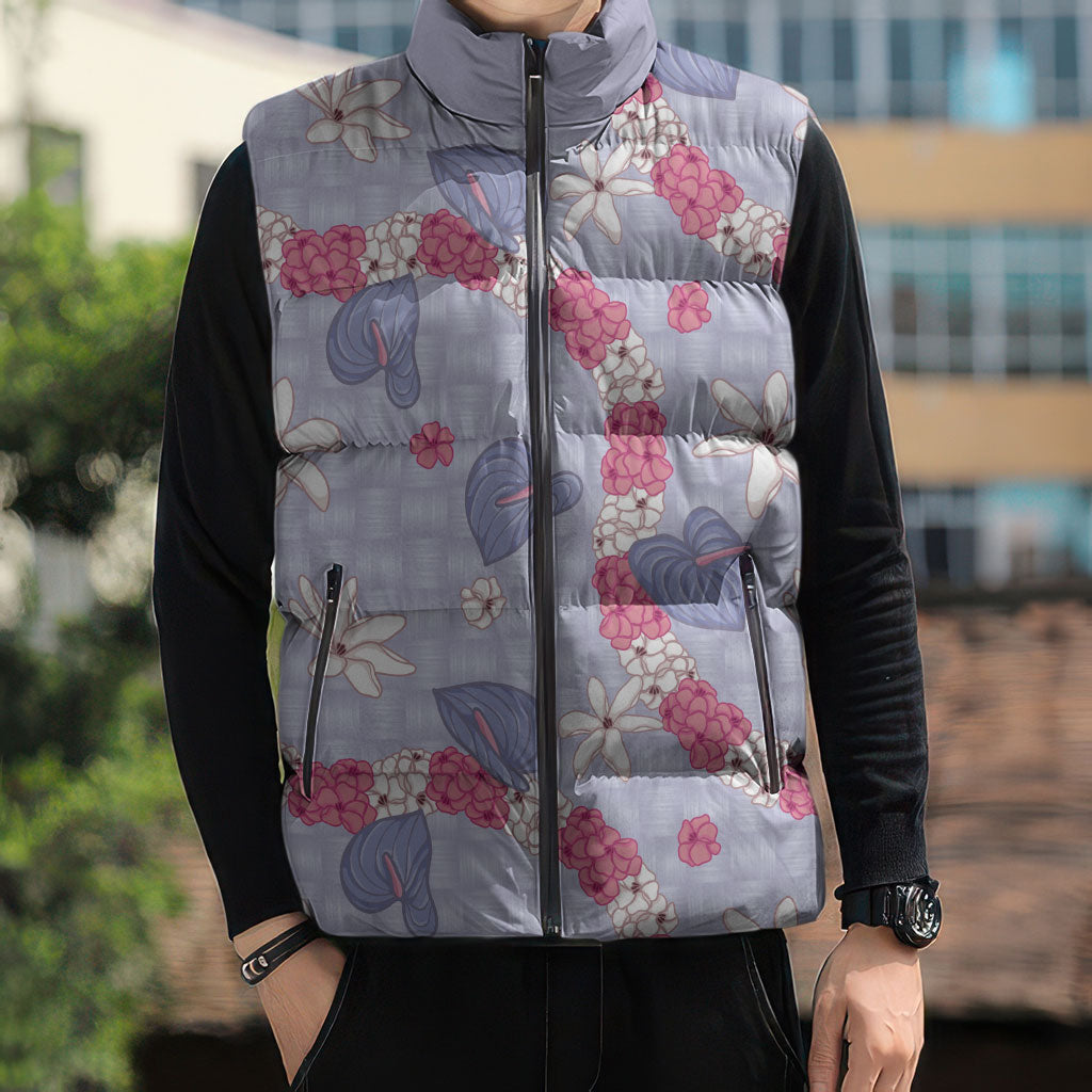 Hawaii Anthurium Tiare Pikake Lei Sleeveless Puffer Jacket Poni Lauhala Art Pattern