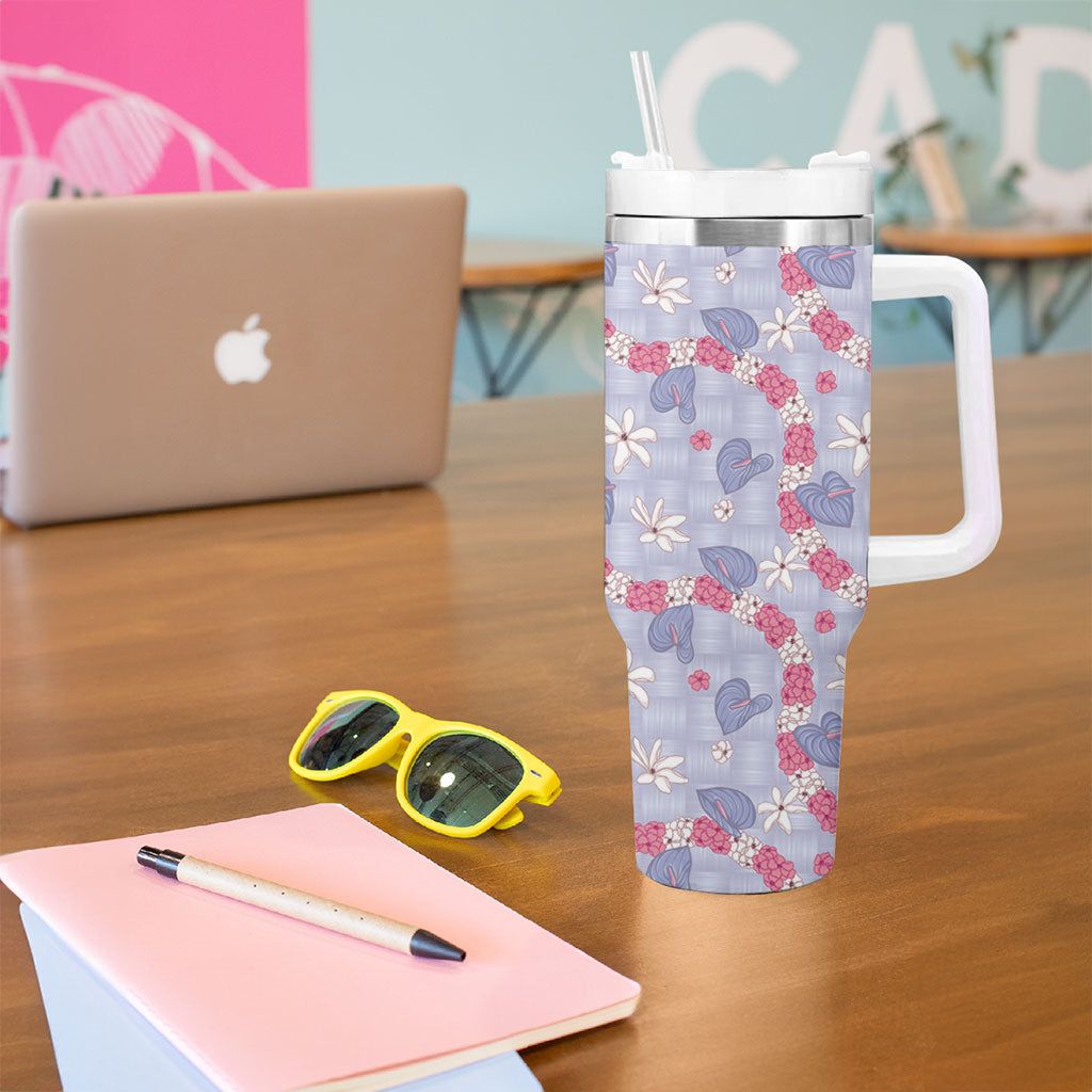 Hawaii Anthurium Tiare Pikake Lei Tumbler With Handle Poni Lauhala Art Pattern LT01 - Polynesian Pride