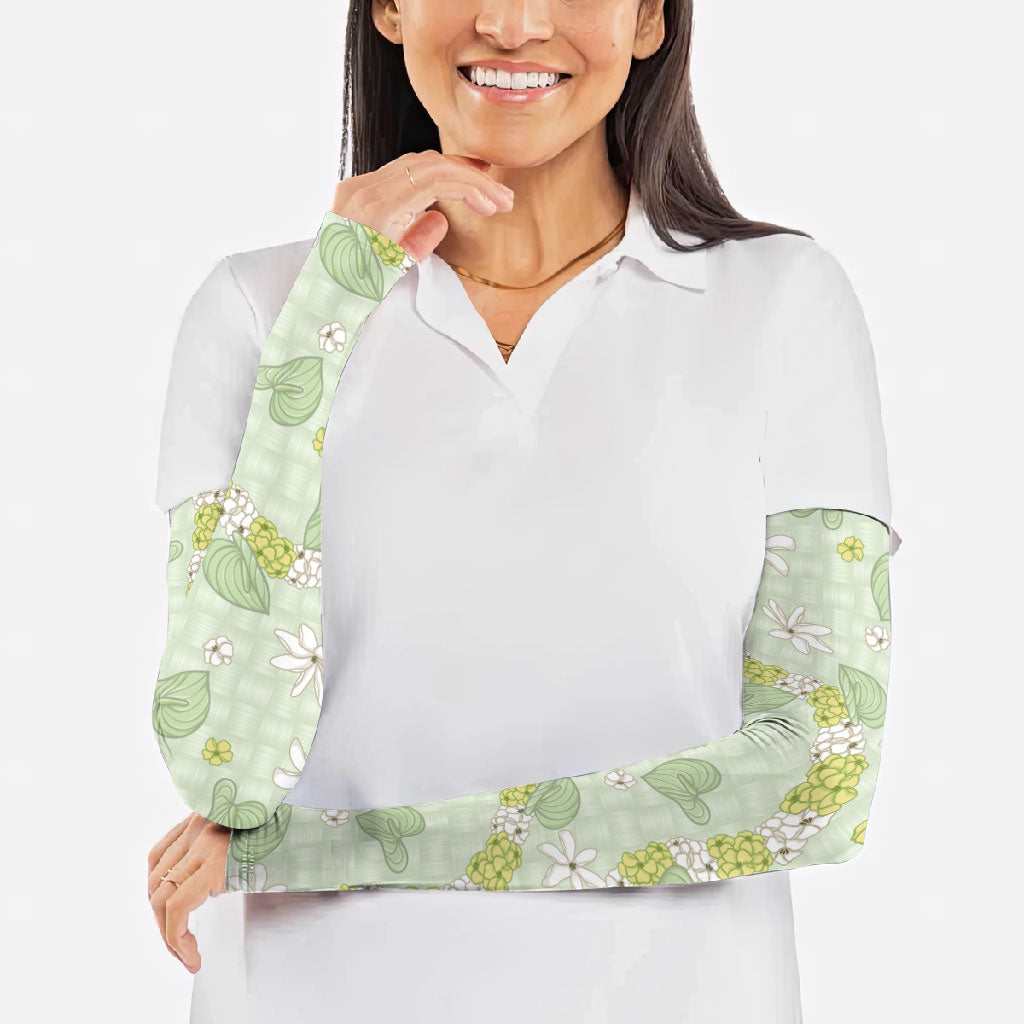 Hawaii Anthurium Tiare Pikake Lei Arm Sleeves Sage Green Lauhala Art Pattern