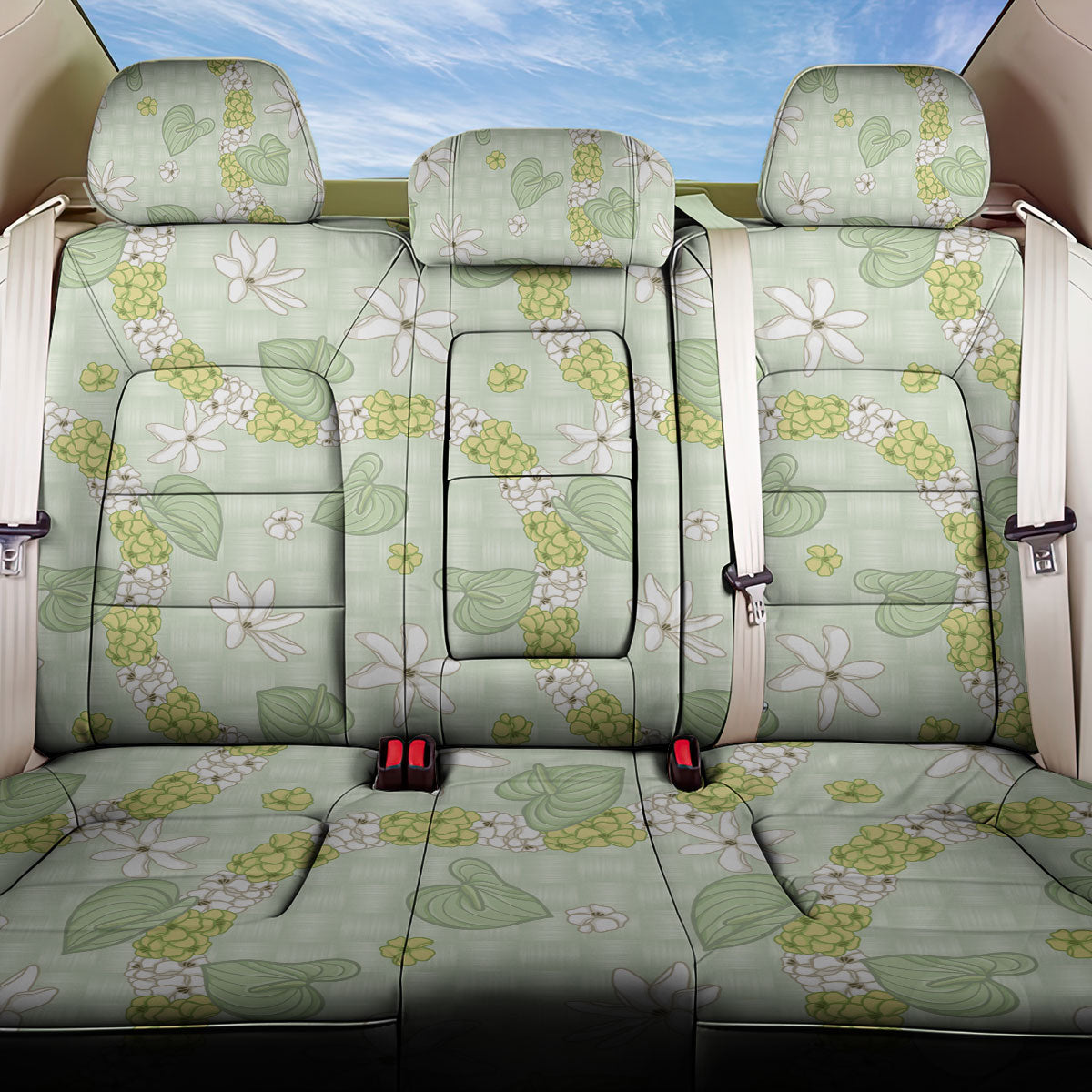 Hawaii Anthurium Tiare Pikake Lei Back Car Seat Cover Sage Green Lauhala Art Pattern LT01 One Size Green - Polynesian Pride
