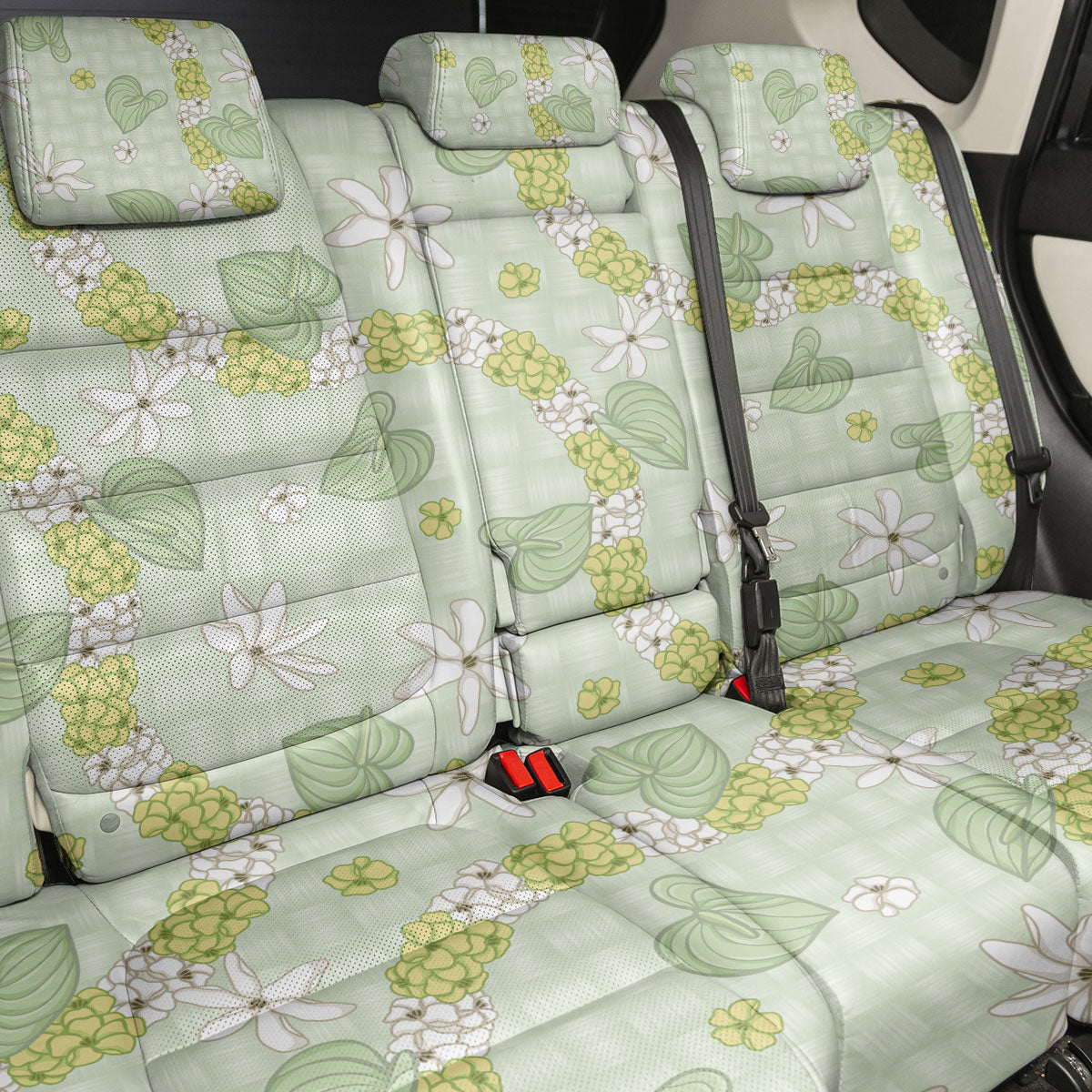 Hawaii Anthurium Tiare Pikake Lei Back Car Seat Cover Sage Green Lauhala Art Pattern LT01 - Polynesian Pride