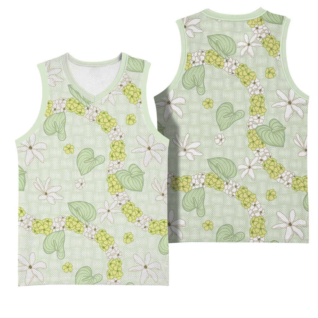 Hawaii Anthurium Tiare Pikake Lei Basketball Jersey Sage Green Lauhala Art Pattern