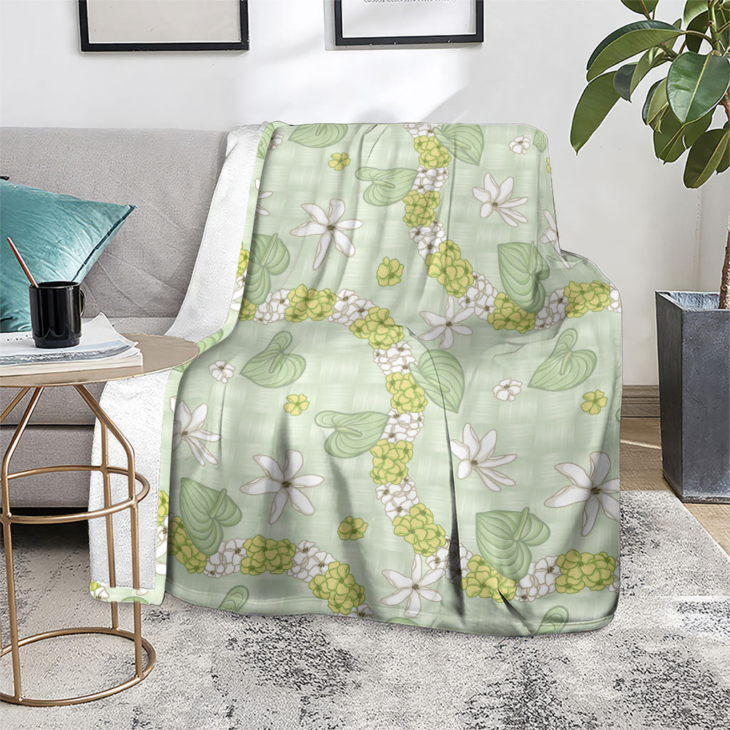 Hawaii Anthurium Tiare Pikake Lei Blanket Sage Green Lauhala Art Pattern