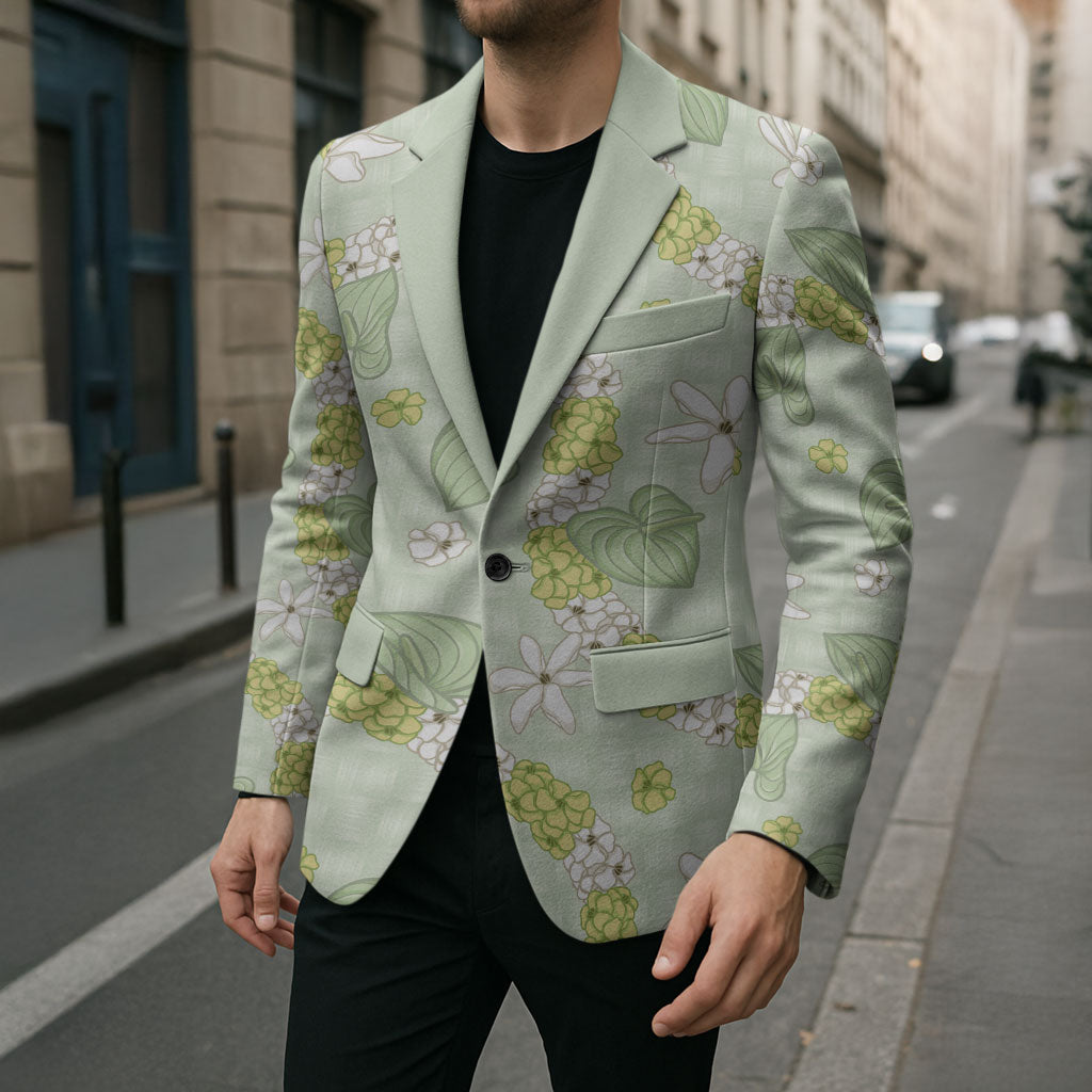 Hawaii Anthurium Tiare Pikake Lei Blazer Sage Green Lauhala Art Pattern LT01 - Polynesian Pride