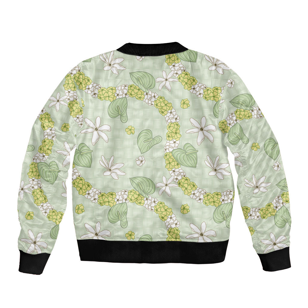 Hawaii Anthurium Tiare Pikake Lei Bomber Jacket Sage Green Lauhala Art Pattern LT01 - Polynesian Pride