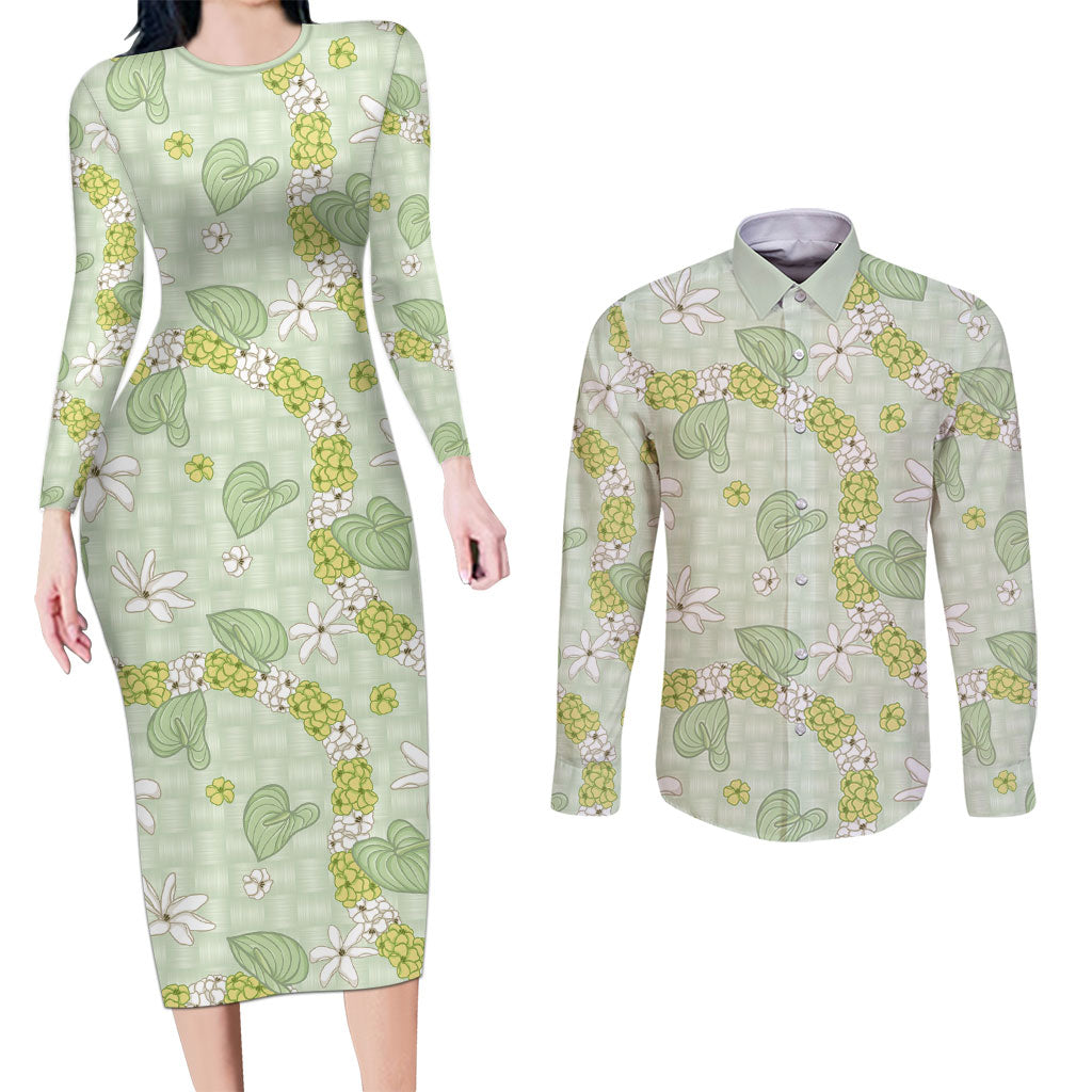 Hawaii Anthurium Tiare Pikake Lei Couples Matching Long Sleeve Bodycon Dress and Long Sleeve Button Shirt Sage Green Lauhala Art Pattern LT01 Green - Polynesian Pride