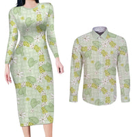 Hawaii Anthurium Tiare Pikake Lei Couples Matching Long Sleeve Bodycon Dress and Long Sleeve Button Shirt Sage Green Lauhala Art Pattern LT01 Green - Polynesian Pride
