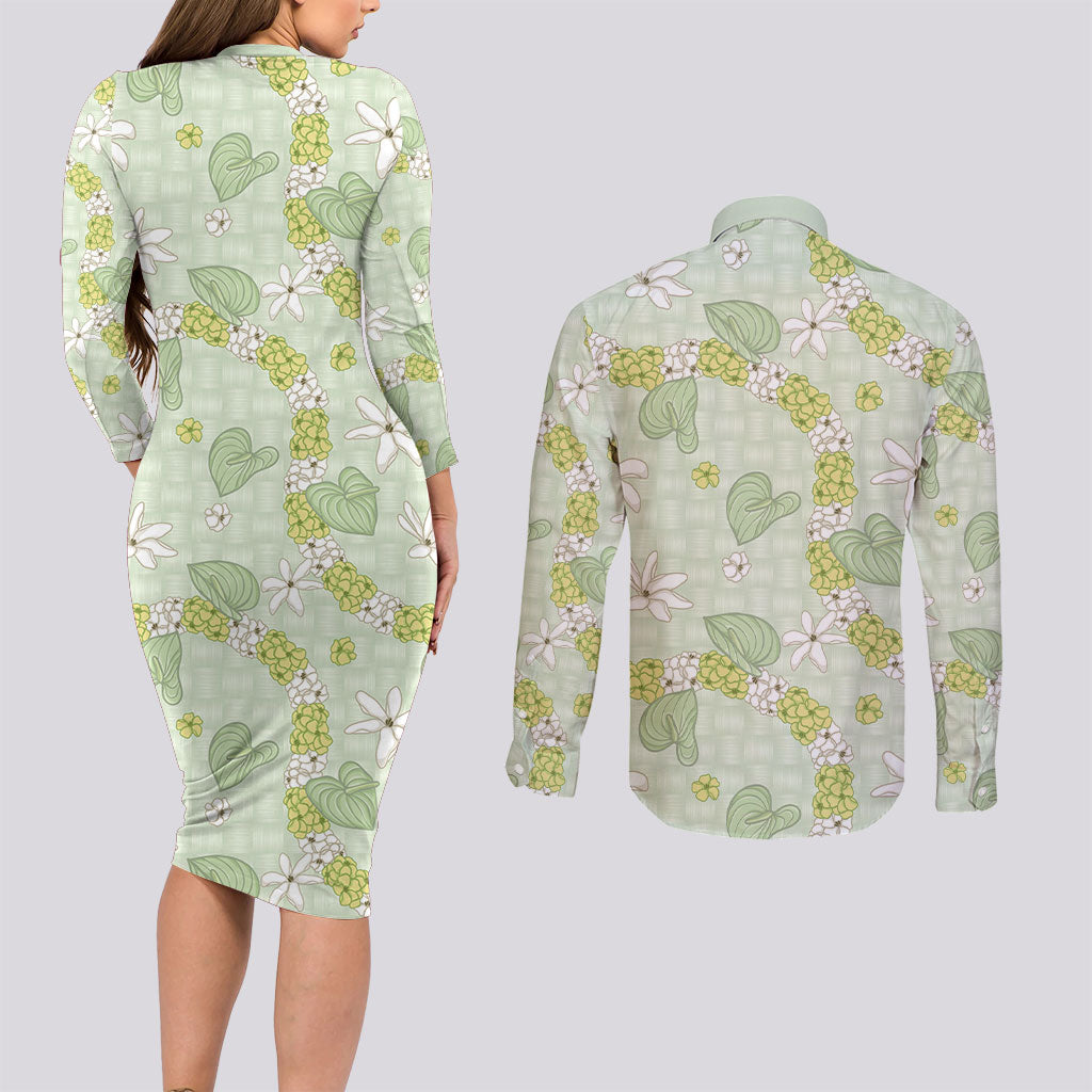 Hawaii Anthurium Tiare Pikake Lei Couples Matching Long Sleeve Bodycon Dress and Long Sleeve Button Shirt Sage Green Lauhala Art Pattern LT01 - Polynesian Pride