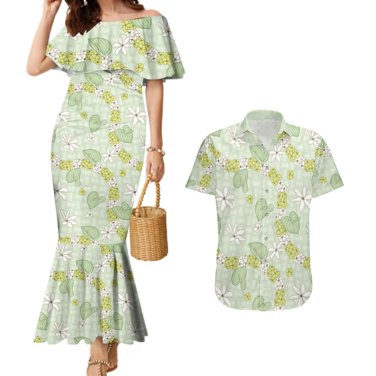 Hawaii Anthurium Tiare Pikake Lei Couples Matching Mermaid Dress and Hawaiian Shirt Sage Green Lauhala Art Pattern