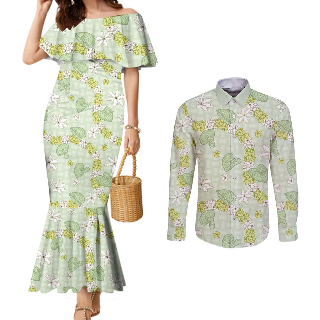 Hawaii Anthurium Tiare Pikake Lei Couples Matching Mermaid Dress and Long Sleeve Button Shirt Sage Green Lauhala Art Pattern LT01 Green - Polynesian Pride