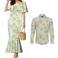 Hawaii Anthurium Tiare Pikake Lei Couples Matching Mermaid Dress and Long Sleeve Button Shirt Sage Green Lauhala Art Pattern LT01 Green - Polynesian Pride