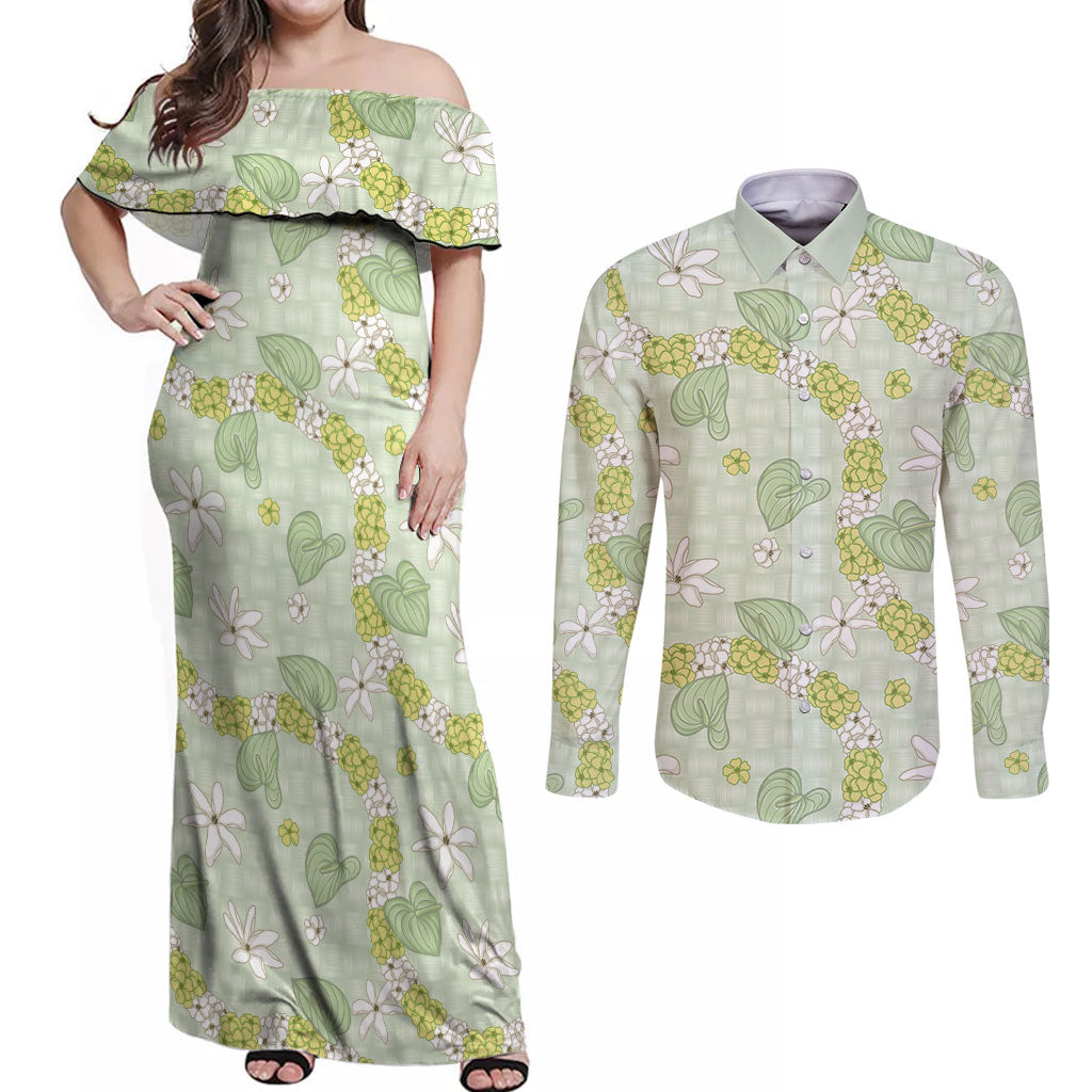 Hawaii Anthurium Tiare Pikake Lei Couples Matching Off Shoulder Maxi Dress and Long Sleeve Button Shirt Sage Green Lauhala Art Pattern LT01 Green - Polynesian Pride