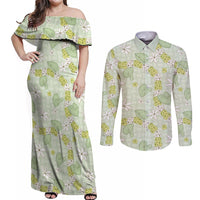 Hawaii Anthurium Tiare Pikake Lei Couples Matching Off Shoulder Maxi Dress and Long Sleeve Button Shirt Sage Green Lauhala Art Pattern LT01 Green - Polynesian Pride