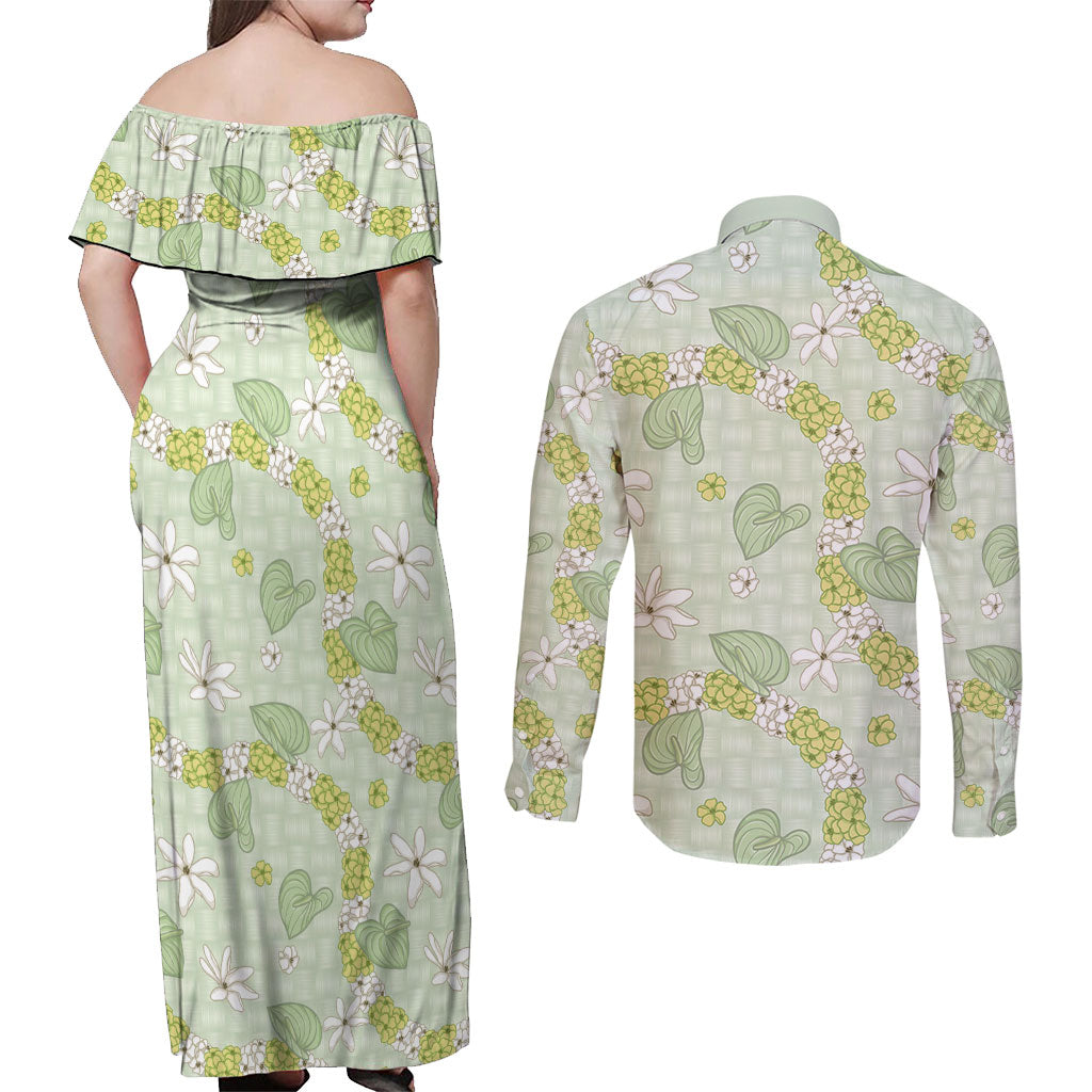Hawaii Anthurium Tiare Pikake Lei Couples Matching Off Shoulder Maxi Dress and Long Sleeve Button Shirt Sage Green Lauhala Art Pattern LT01 - Polynesian Pride